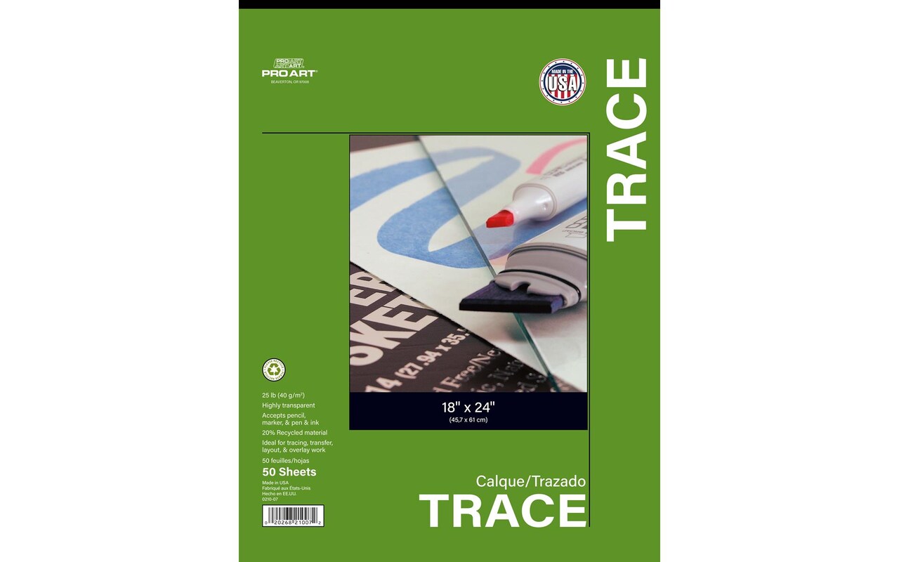 PRO ART Tracing Paper Pad, 25lb, 18 x 24 inch Translucent Tracing Paper for tracing and drawing, pattern paper for sewing, drafting paper, protecting artwork, kids crafts